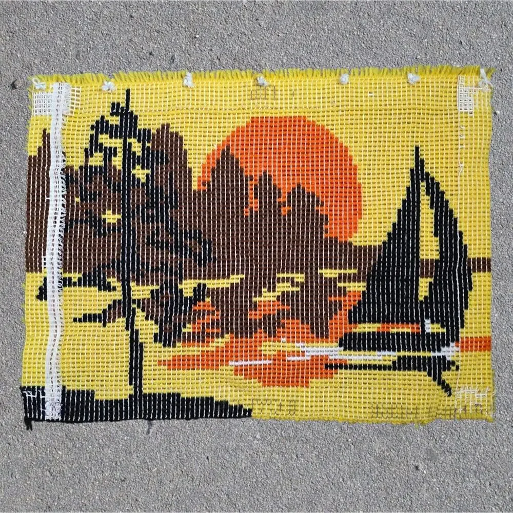 Vintage Handmade Latch Hook Rug – Sailboat Sunset Wall Hanging – 26.5 x 20